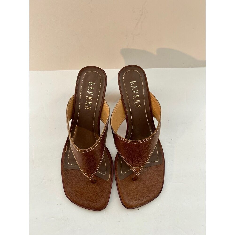 Lauren Ralph Lauren Heel Thong style slip-on Sandal, Brown leather, size 6.5